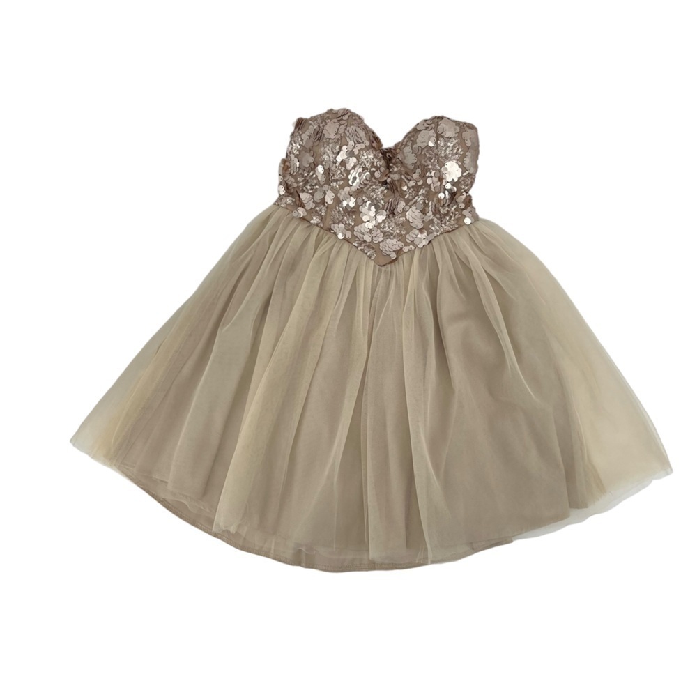 NWT Xenia Boutique Tan Sequin Strapless Chiffon Mini Dress Size 12 Women’s